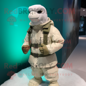 White Sea Turtle mascot costume character dressed with a Parka and Suspenders