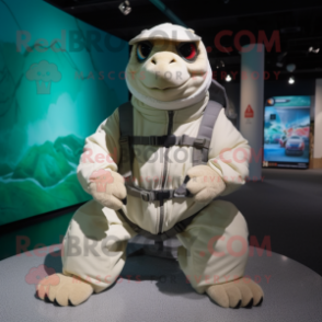 White Sea Turtle mascot costume character dressed with a Parka and Suspenders