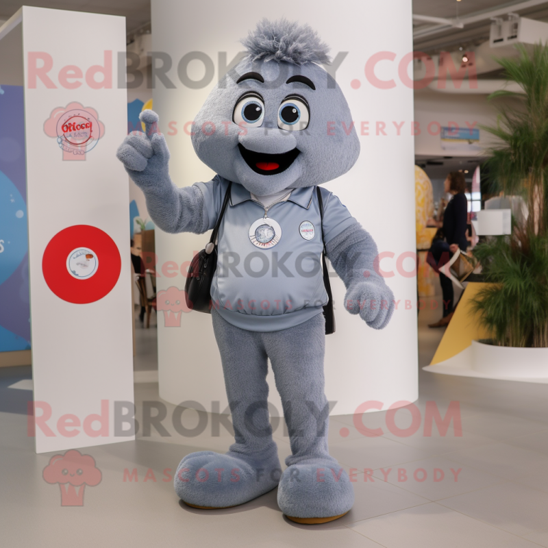 Gray Pendant mascot costume character dressed with a Flare Jeans and Lapel pins Gray Pendant mascot costume character dressed with a Flare Jeans and Lapel pins