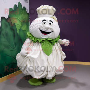 White Cabbage mascot costume character dressed with a Dress and Lapel pins