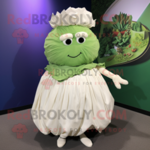 White Cabbage mascot costume character dressed with a Dress and Lapel pins