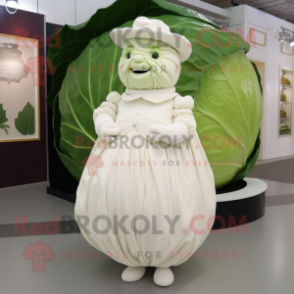 White Cabbage mascot costume character dressed with a Dress and Lapel pins