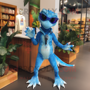 Blue Geckos mascot costume character dressed with a Bermuda Shorts and Earrings