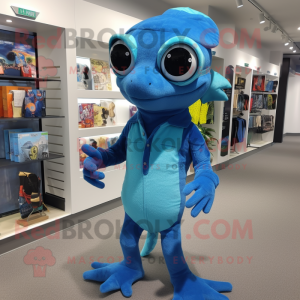Blue Geckos mascot costume character dressed with a Bermuda Shorts and Earrings