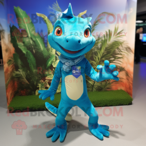 Blue Geckos mascot costume character dressed with a Bermuda Shorts and Earrings