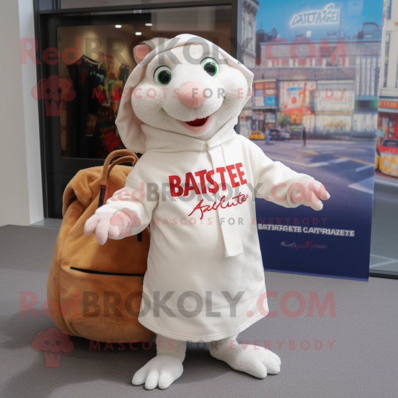 White Ratatouille mascot costume character dressed with a Hoodie and Tote bags