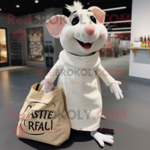 White Ratatouille mascot costume character dressed with a Hoodie and Tote bags