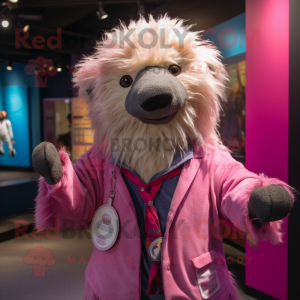 Pink Sloth Bear mascot costume character dressed with a Button-Up Shirt and Shawl pins