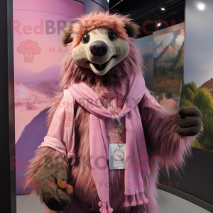 Pink Sloth Bear mascot costume character dressed with a Button-Up Shirt and Shawl pins