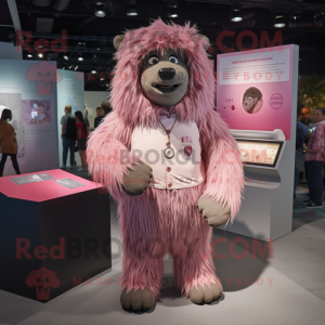 Pink Sloth Bear mascot costume character dressed with a Button-Up Shirt and Shawl pins