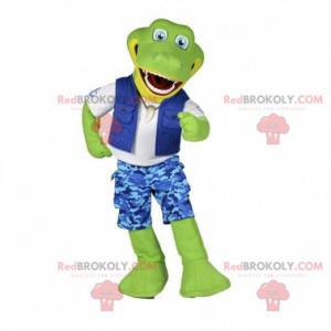 Mascotte de crocodile vert en tenue d'explorateur -