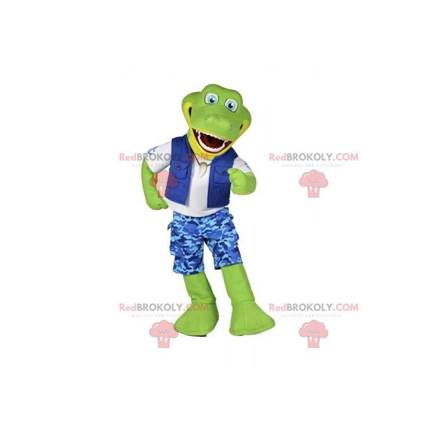 Green crocodile mascot in explorer outfit - Redbrokoly.com