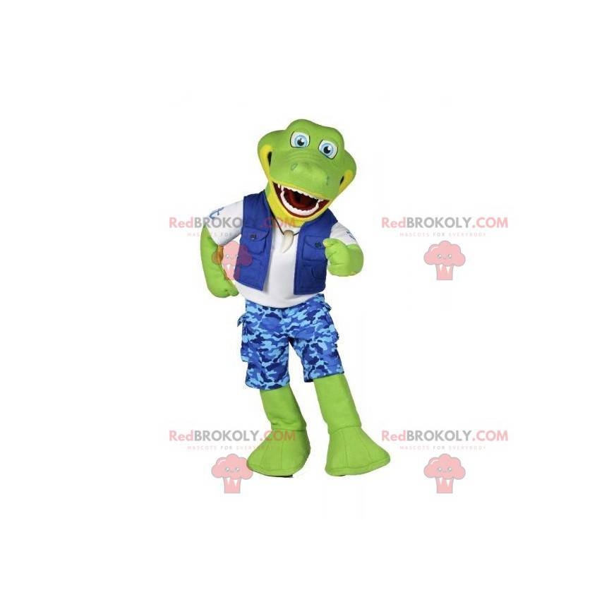 Mascotte de crocodile vert en tenue d'explorateur -