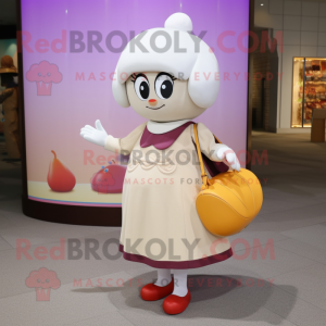 Cream Plum mascot costume character dressed with a Skirt and Handbags