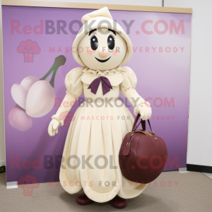 Cream Plum mascot costume character dressed with a Skirt and Handbags