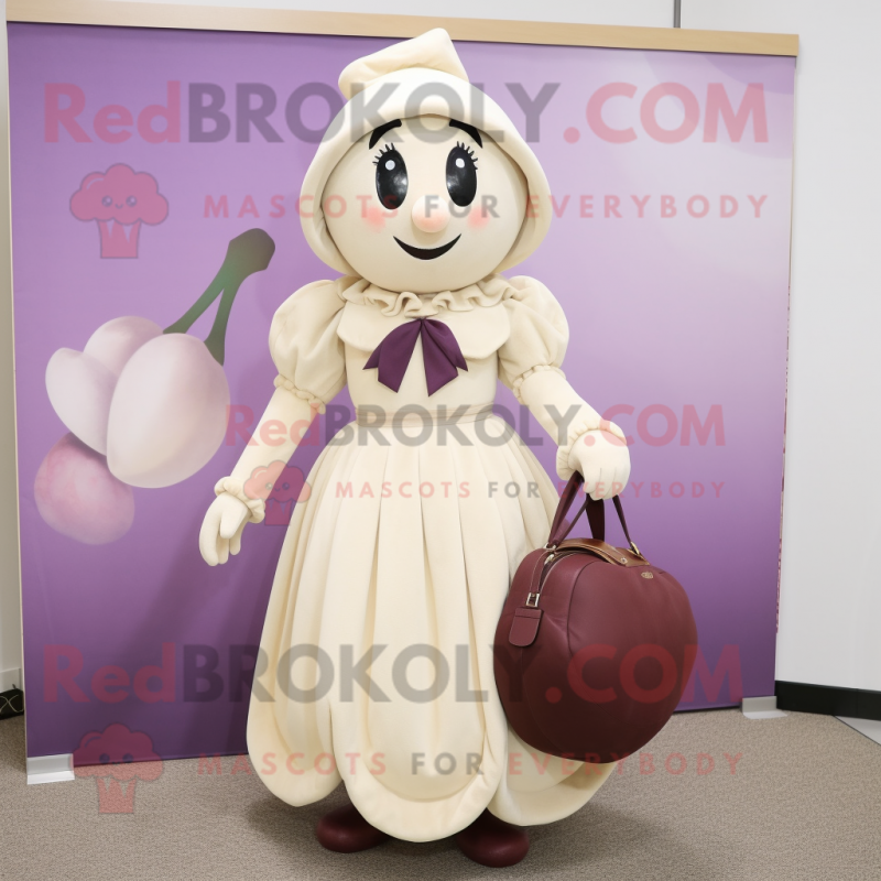 Cream Plum mascot costume character dressed with a Skirt and Handbags Cream Plum mascot costume character dressed with a Skirt and Handbags