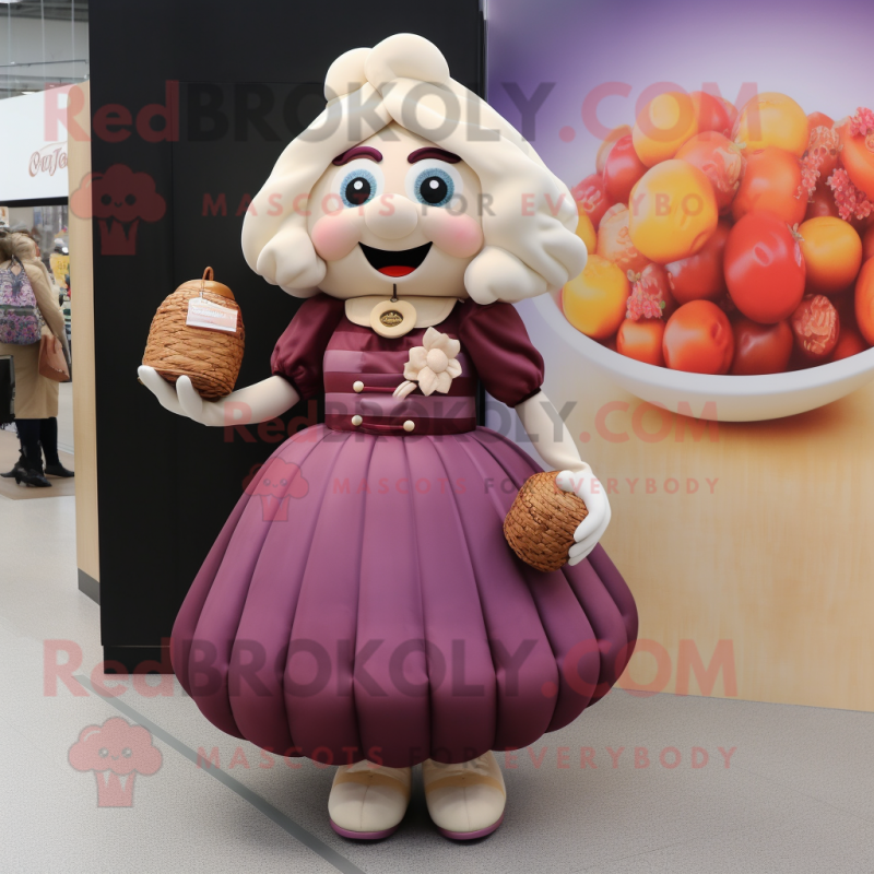 Cream Plum mascot costume character dressed with a Skirt and Handbags Cream Plum mascot costume character dressed with a Skirt and Handbags