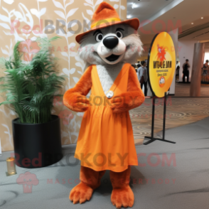 Orange Say Wolf mascot costume character dressed with a Maxi Dress and Hat pins