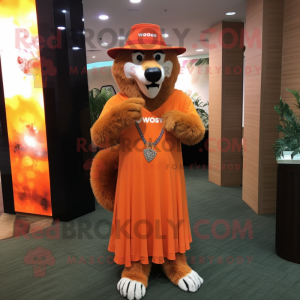 Orange Say Wolf mascot costume character dressed with a Maxi Dress and Hat pins