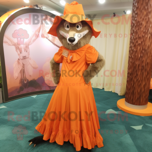 Orange Say Wolf mascot costume character dressed with a Maxi Dress and Hat pins