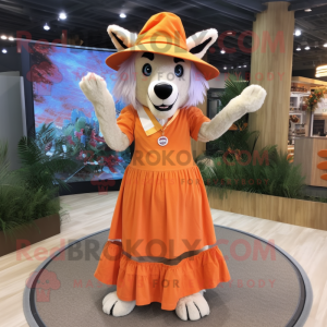Orange Say Wolf mascot costume character dressed with a Maxi Dress and Hat pins