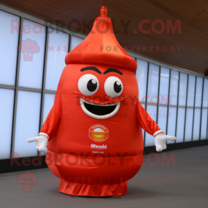 Peach Bottle Of Ketchup mascot costume character dressed with a Jumpsuit and Rings