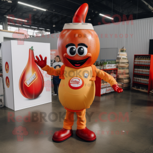 Peach Bottle Of Ketchup mascot costume character dressed with a Jumpsuit and Rings