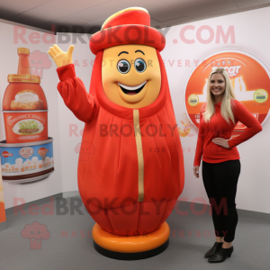 Peach Bottle Of Ketchup mascot costume character dressed with a Jumpsuit and Rings