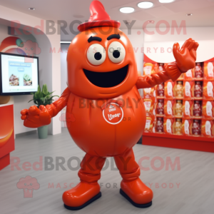 Peach Bottle Of Ketchup mascot costume character dressed with a Jumpsuit and Rings