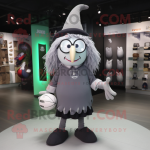 Gray Witch'S Hat mascot costume character dressed with a Rugby Shirt and Eyeglasses