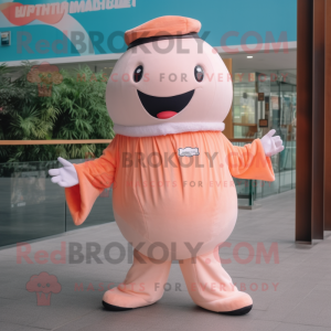 Peach Humpback Whale mascot costume character dressed with a Jumpsuit and Beanies