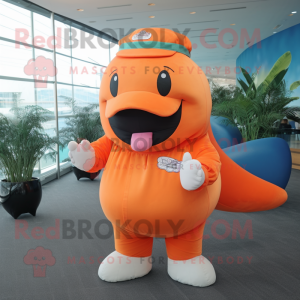 Peach Humpback Whale mascot costume character dressed with a Jumpsuit and Beanies