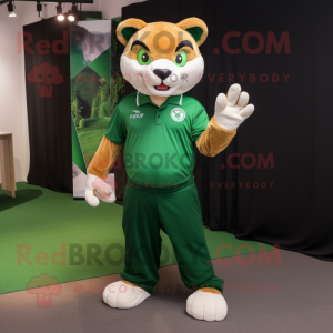 Forest Green Puma mascot costume character dressed with a Polo Shirt and Gloves