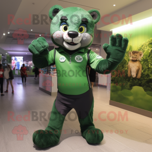 Forest Green Puma mascot costume character dressed with a Polo Shirt and Gloves