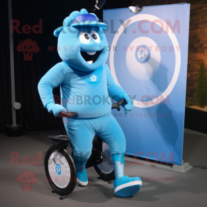 Blue Unicyclist mascot costume character dressed with a Running Shorts and Foot pads