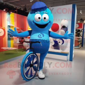 Blue Unicyclist mascot costume character dressed with a Running Shorts and Foot pads