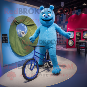 Blue Unicyclist mascot costume character dressed with a Running Shorts and Foot pads