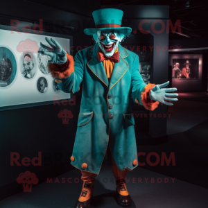 Turquoise Evil Clown mascot costume character dressed with a Coat and Bow ties