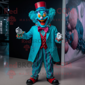 Turquoise Evil Clown mascot costume character dressed with a Coat and Bow ties