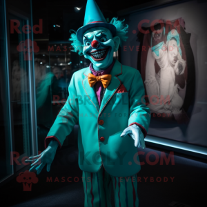 Turquoise Evil Clown mascot costume character dressed with a Coat and Bow ties