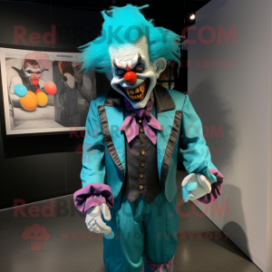 Turquoise Evil Clown mascot costume character dressed with a Coat and Bow ties