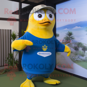 Yellow Penguin mascot costume character dressed with a Rash Guard and Beanies