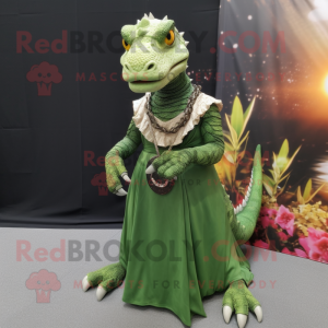 Olive Komodo Dragon mascot costume character dressed with a Maxi Skirt and Keychains