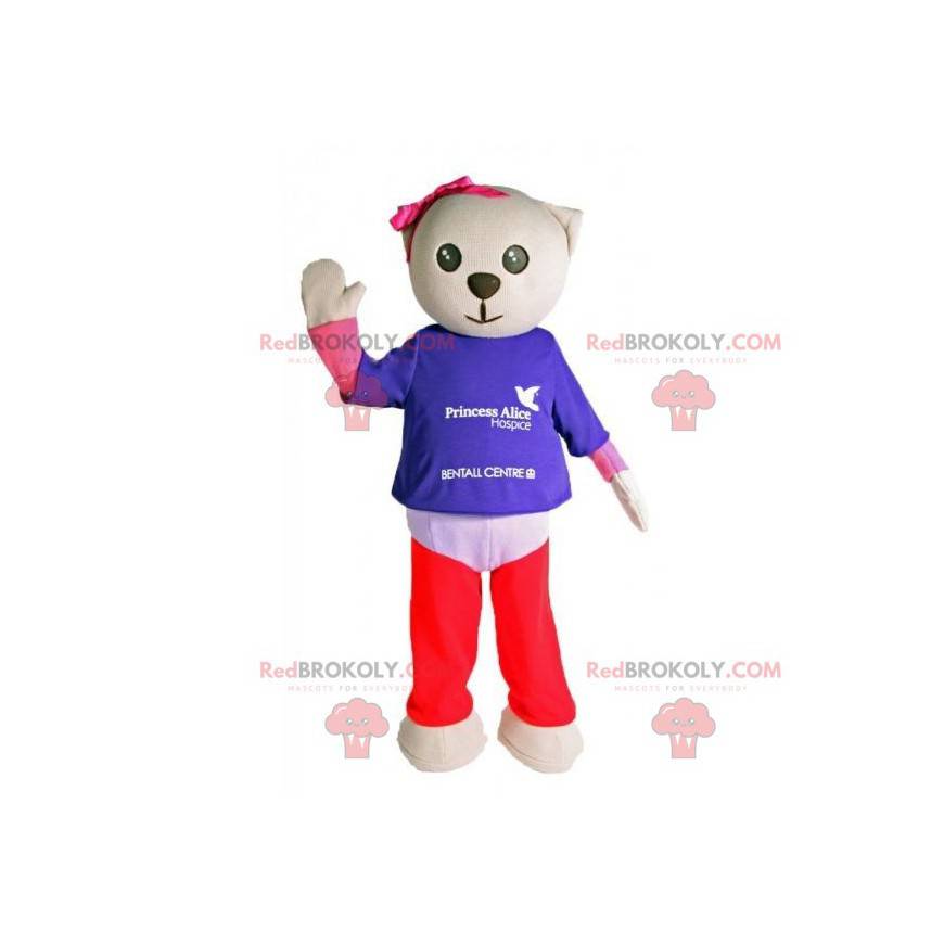 Graues Katzenmaskottchen mit bunten Kleidern - Redbrokoly.com