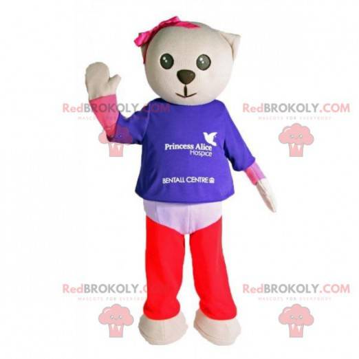 Graues Katzenmaskottchen mit bunten Kleidern - Redbrokoly.com