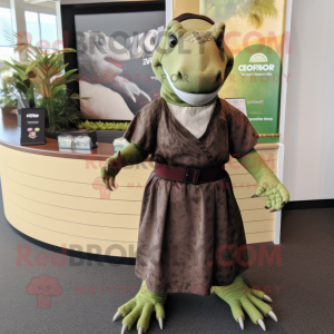 Olive Komodo Dragon mascot costume character dressed with a Maxi Skirt and Keychains
