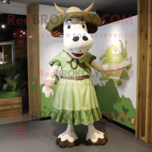 Olive Cow mascot costume character dressed with a Skirt and Hats