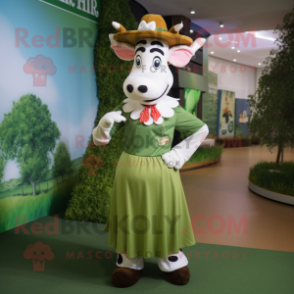 Olive Cow mascot costume character dressed with a Skirt and Hats