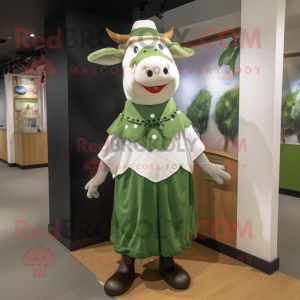 Olive Cow mascot costume character dressed with a Skirt and Hats