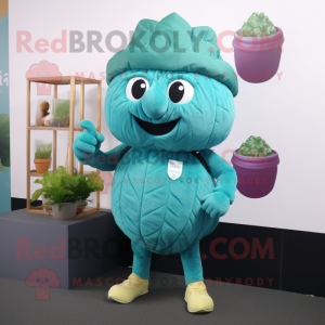 Teal Cabbage mascot costume character dressed with a Leggings and Caps